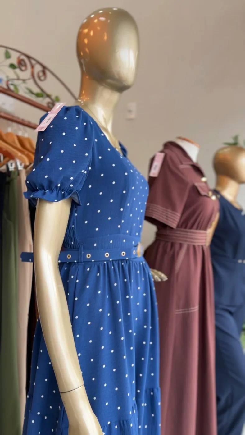 Vestido Azul Poá Manga Bufante