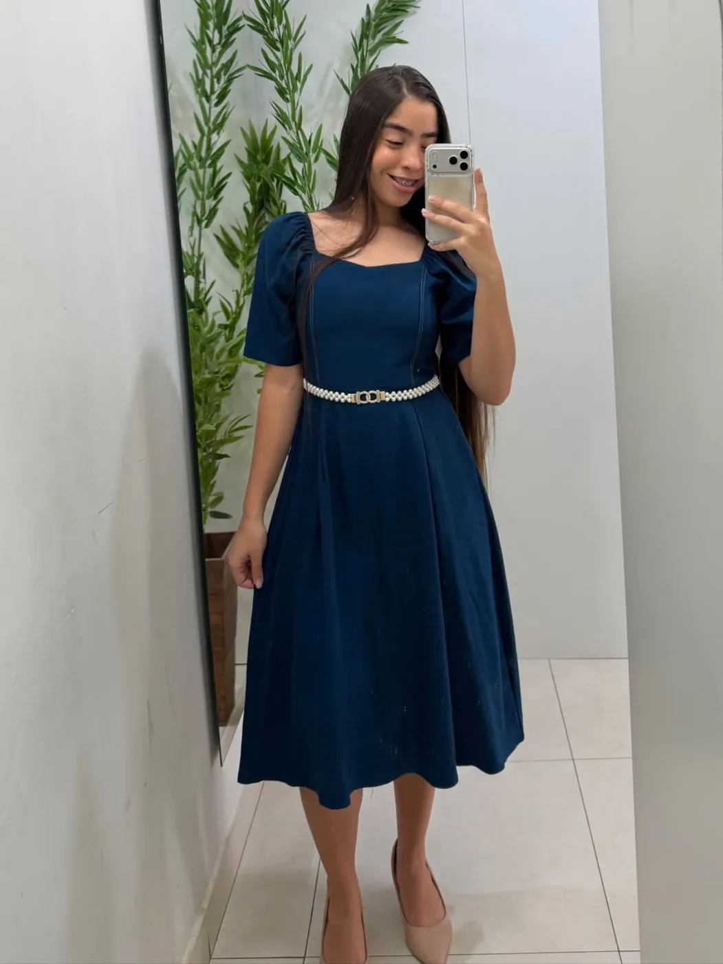 Vestido Midi Marinho com Cinto